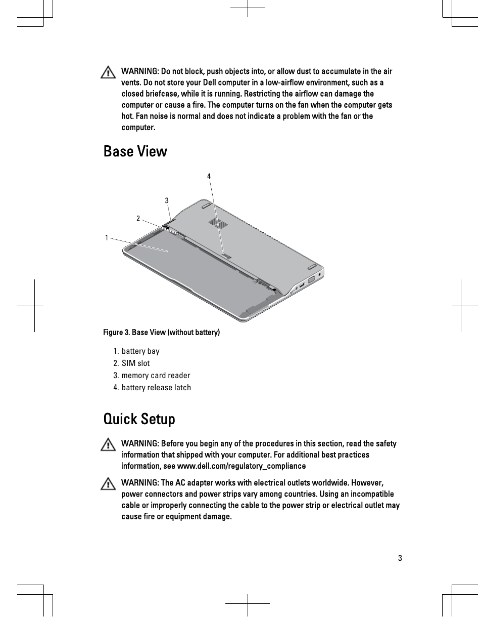 Base view, Quick setup | Dell Latitude 6430u (Late 2012) User Manual | Page 3 / 7