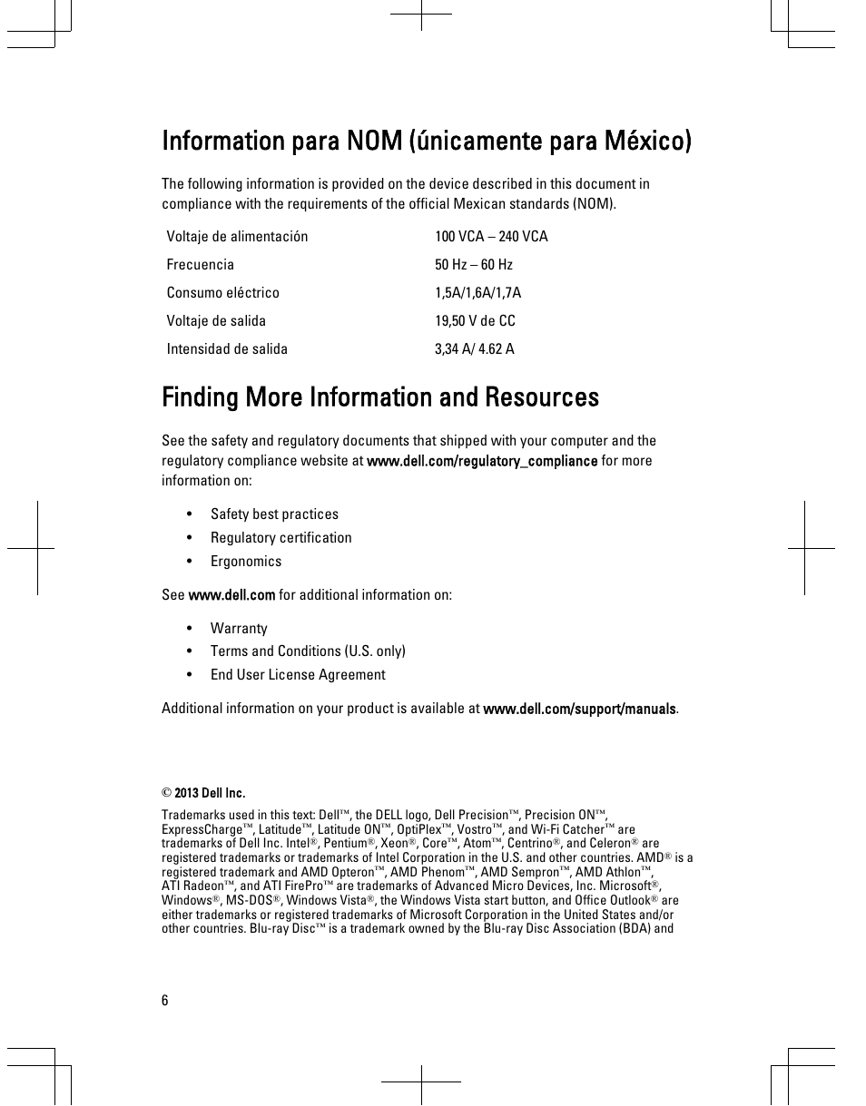 Information para nom (únicamente para méxico), Finding more information and resources | Dell Latitude 6430u (Late 2012) User Manual | Page 6 / 7