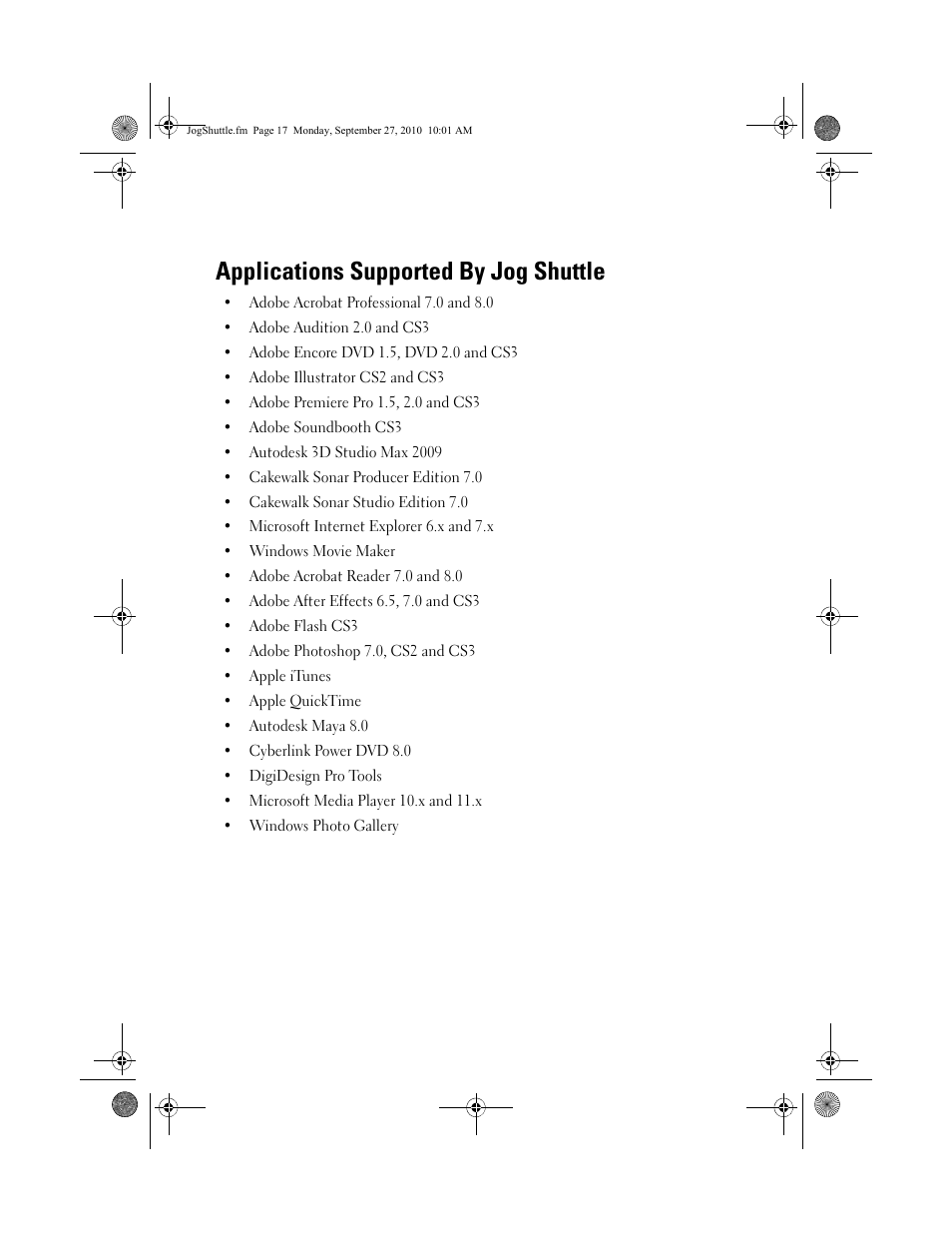 Applications supported by jog shuttle | Dell Precision M6500 (Late 2009) User Manual | Page 9 / 10