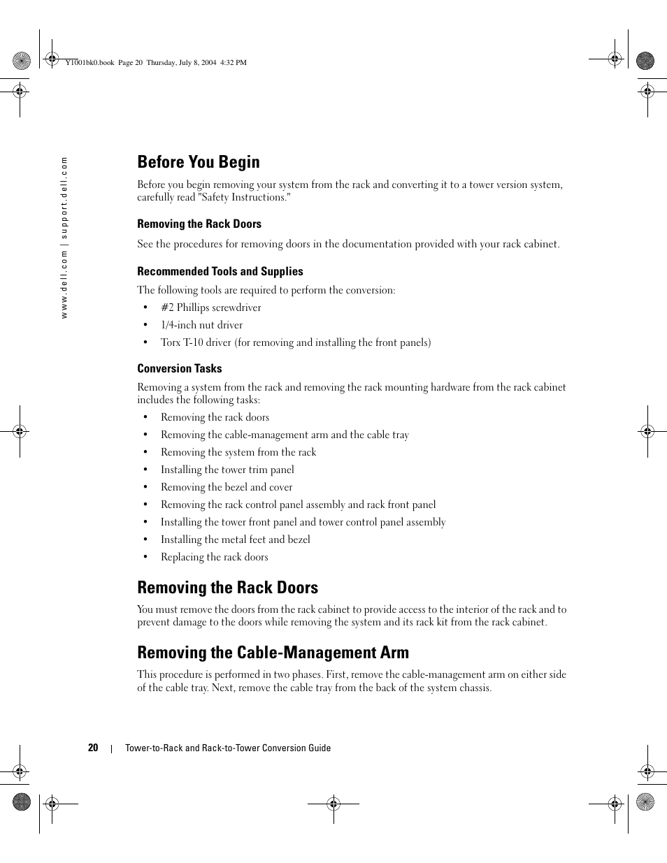 Before you begin, Removing the rack doors, Removing the cable-management arm | Dell PowerEdge 2800 User Manual | Page 22 / 36