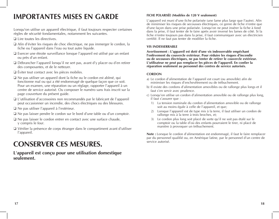 Importantes mises en garde, Conserver ces mesures | Black & Decker CBM220 User Manual | Page 10 / 15