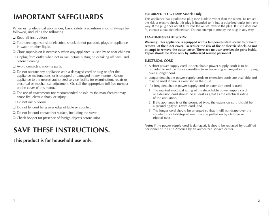 Important safeguards, Save these instructions, This product is for household use only | Black & Decker CBM220 User Manual | Page 2 / 15