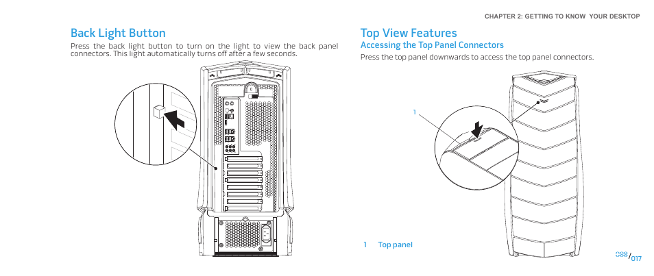 Top view features, Back light button | Dell Alienware Area 51 (Late 2009) User Manual | Page 17 / 72