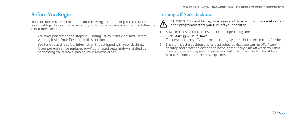 Before you begin, Turning off your desktop | Dell Alienware Area 51 (Late 2009) User Manual | Page 36 / 72