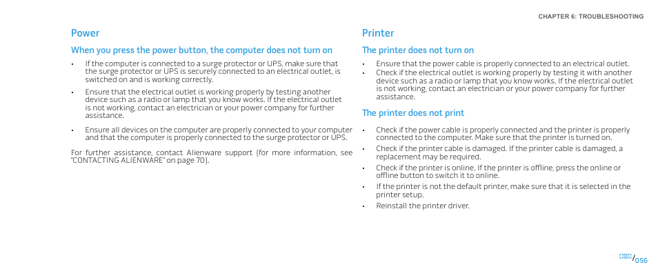 Power, Printer | Dell Alienware Area 51 (Late 2009) User Manual | Page 56 / 72