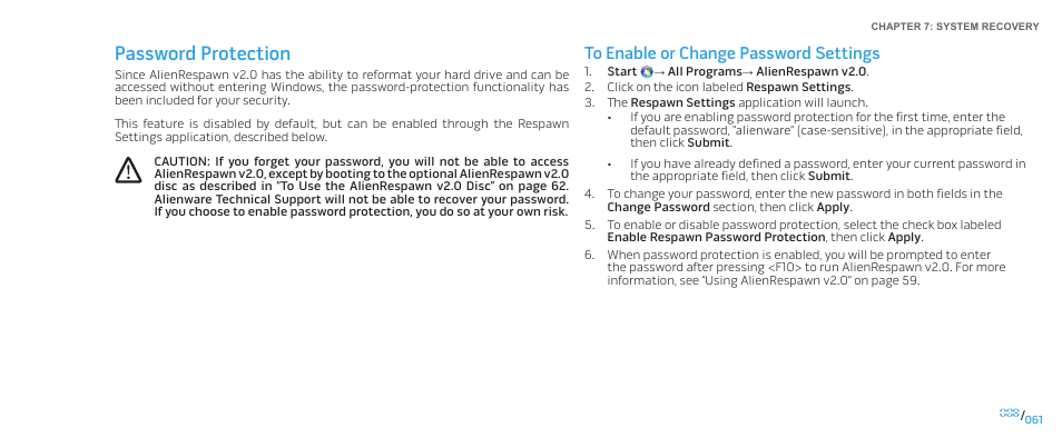 Password protection | Dell Alienware Area 51 (Late 2009) User Manual | Page 61 / 72
