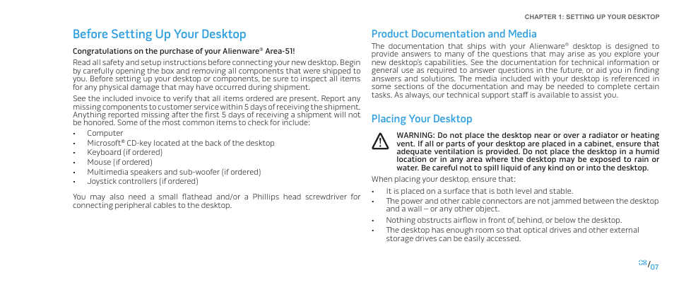 Before setting up your desktop, Product documentation and media, Placing your desktop | Dell Alienware Area 51 (Late 2009) User Manual | Page 7 / 72