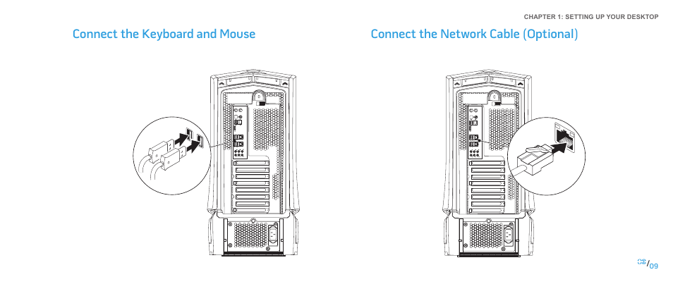 Connect the keyboard and mouse, Connect the network cable (optional) | Dell Alienware Area 51 (Late 2009) User Manual | Page 9 / 72