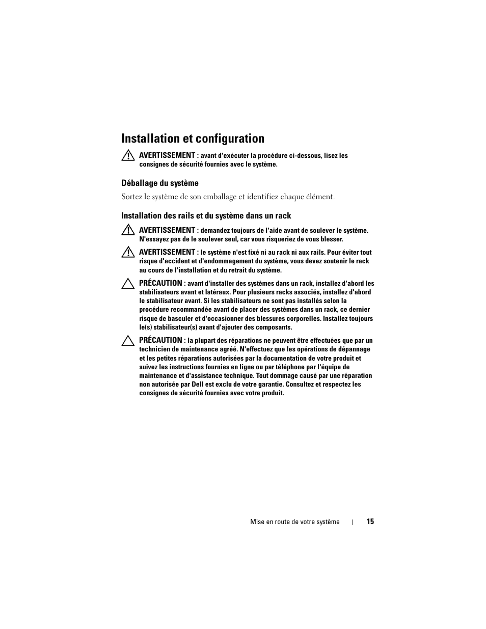 Installation et configuration, Déballage du système, Installation des rails et du système dans un rack | Dell PowerEdge C2100 User Manual | Page 17 / 54
