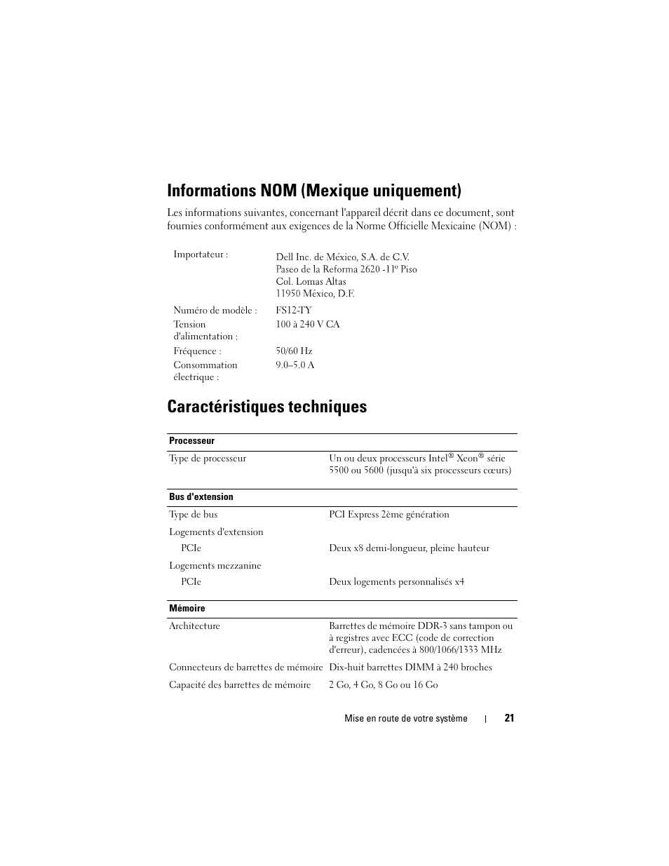 Informations nom (mexique uniquement), Caractéristiques techniques | Dell PowerEdge C2100 User Manual | Page 23 / 54