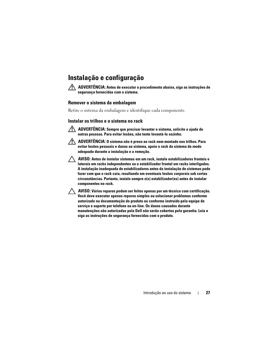 Instalação e configuração, Remover o sistema da embalagem, Instalar os trilhos e o sistema no rack | Dell PowerEdge C2100 User Manual | Page 29 / 54