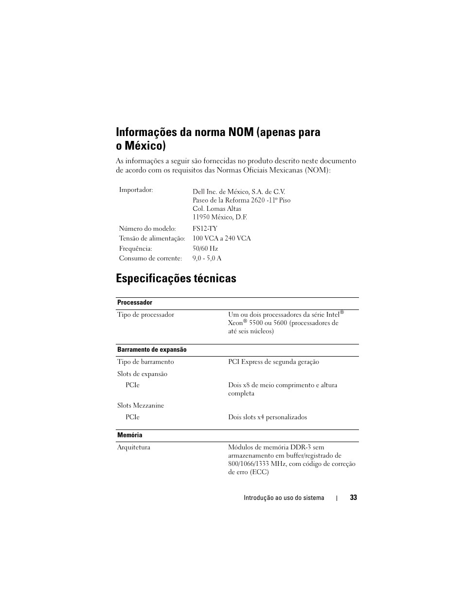 Informações da norma nom (apenas para o méxico), Especificações técnicas | Dell PowerEdge C2100 User Manual | Page 35 / 54