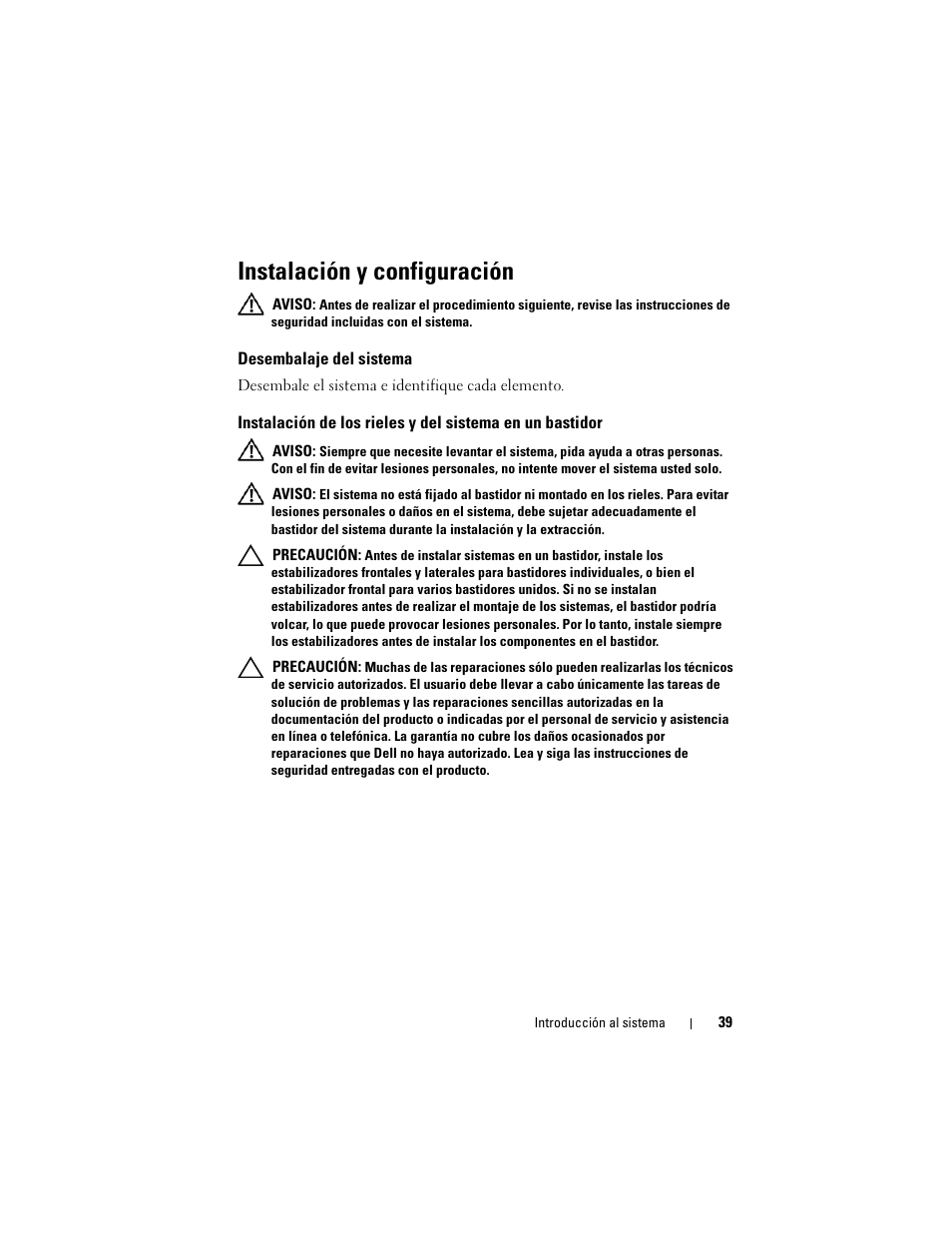 Instalación y configuración, Desembalaje del sistema | Dell PowerEdge C2100 User Manual | Page 41 / 54