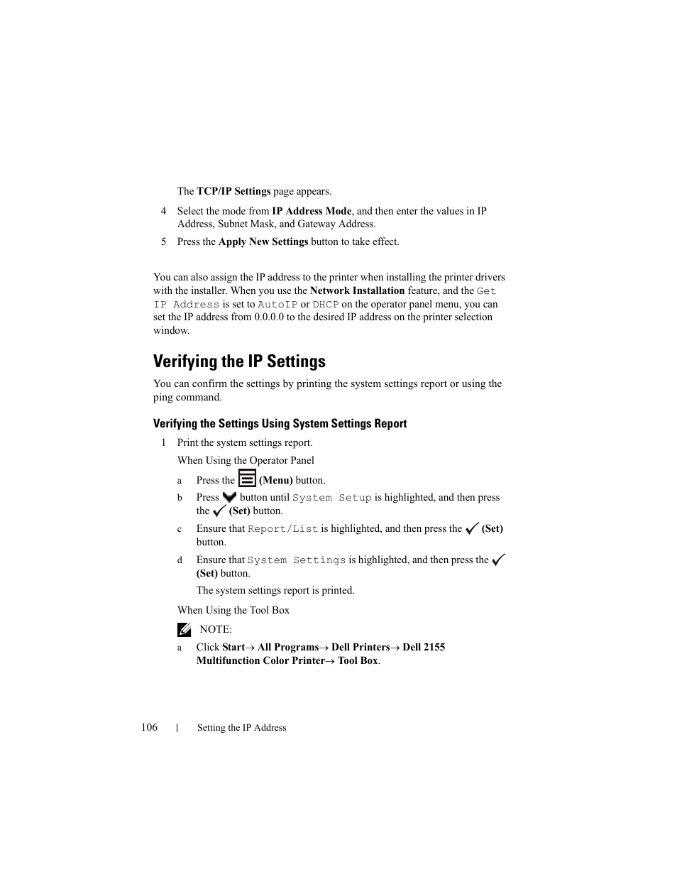 Verifying the ip settings | Dell 2155cn/cdn Color Laser Printer User Manual | Page 108 / 761