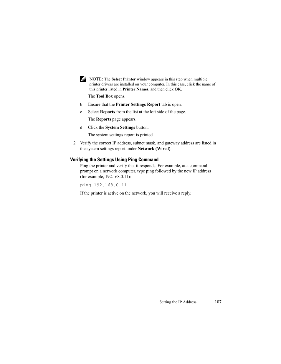 Verifying the settings using ping command | Dell 2155cn/cdn Color Laser Printer User Manual | Page 109 / 761