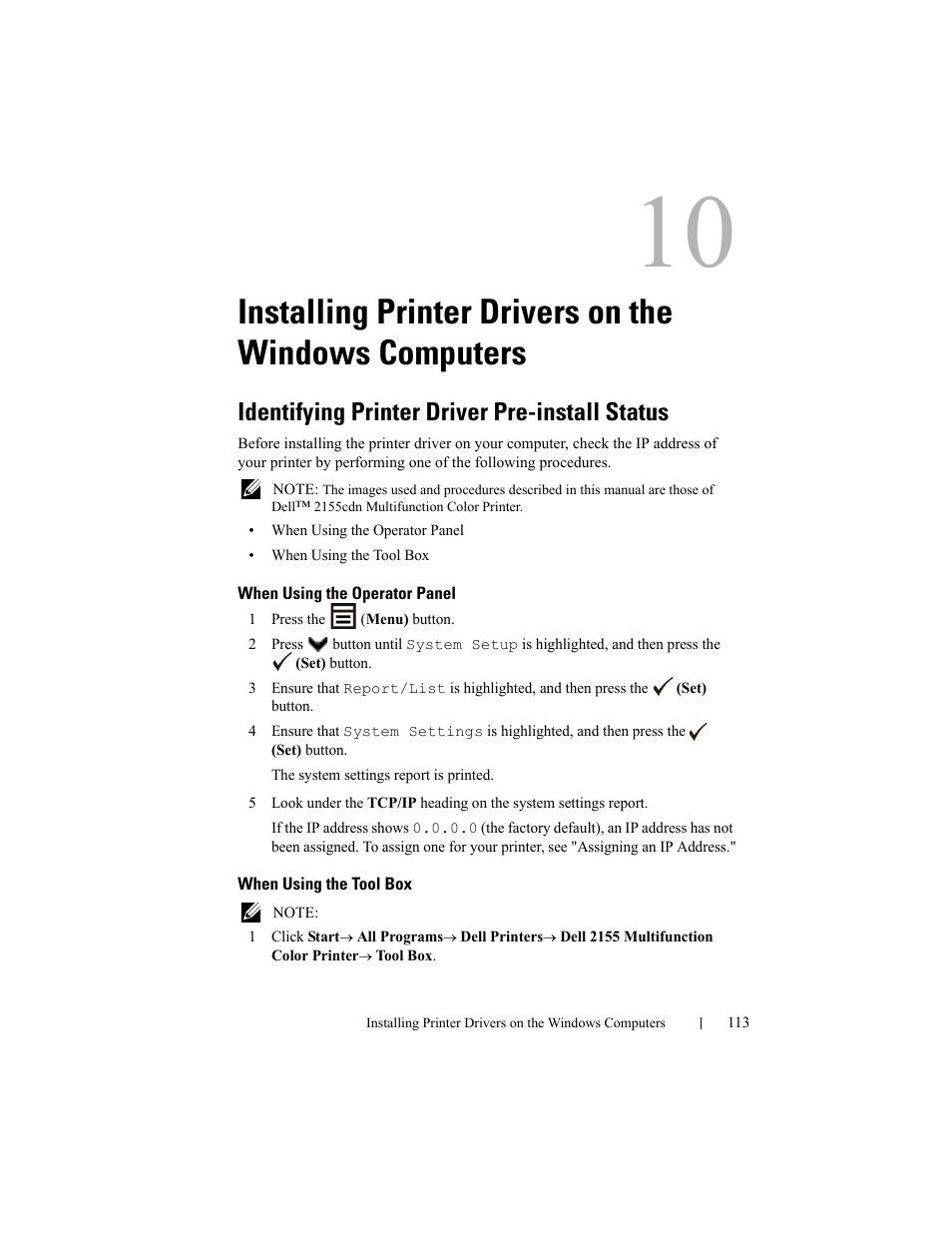 Identifying printer driver pre-install status, When using the operator panel, When using the tool box | Installing printer drivers on the windows, Computers | Dell 2155cn/cdn Color Laser Printer User Manual | Page 115 / 761