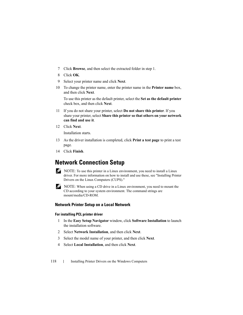 Network connection setup, Network printer setup on a local network | Dell 2155cn/cdn Color Laser Printer User Manual | Page 120 / 761