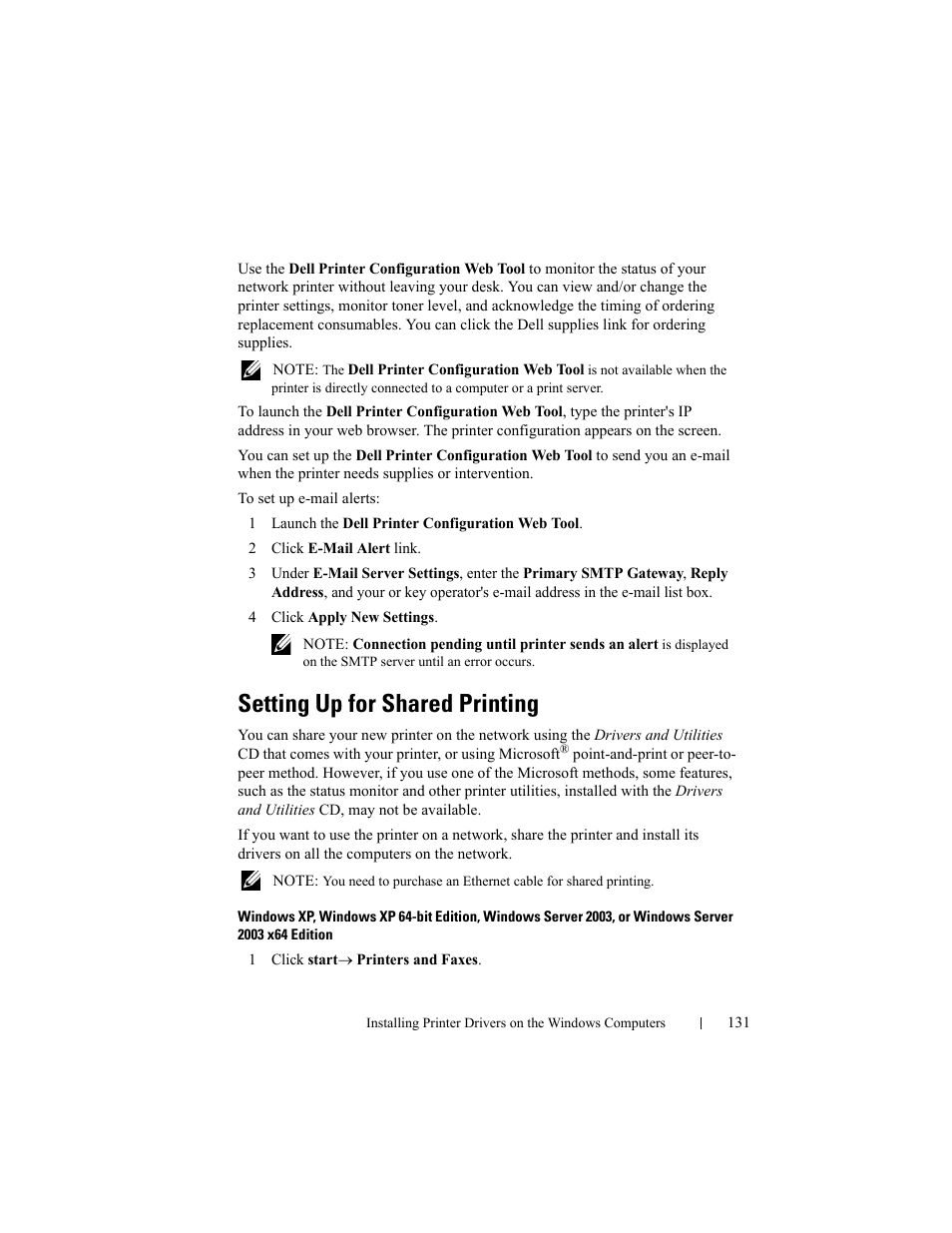 Setting up for shared printing | Dell 2155cn/cdn Color Laser Printer User Manual | Page 133 / 761