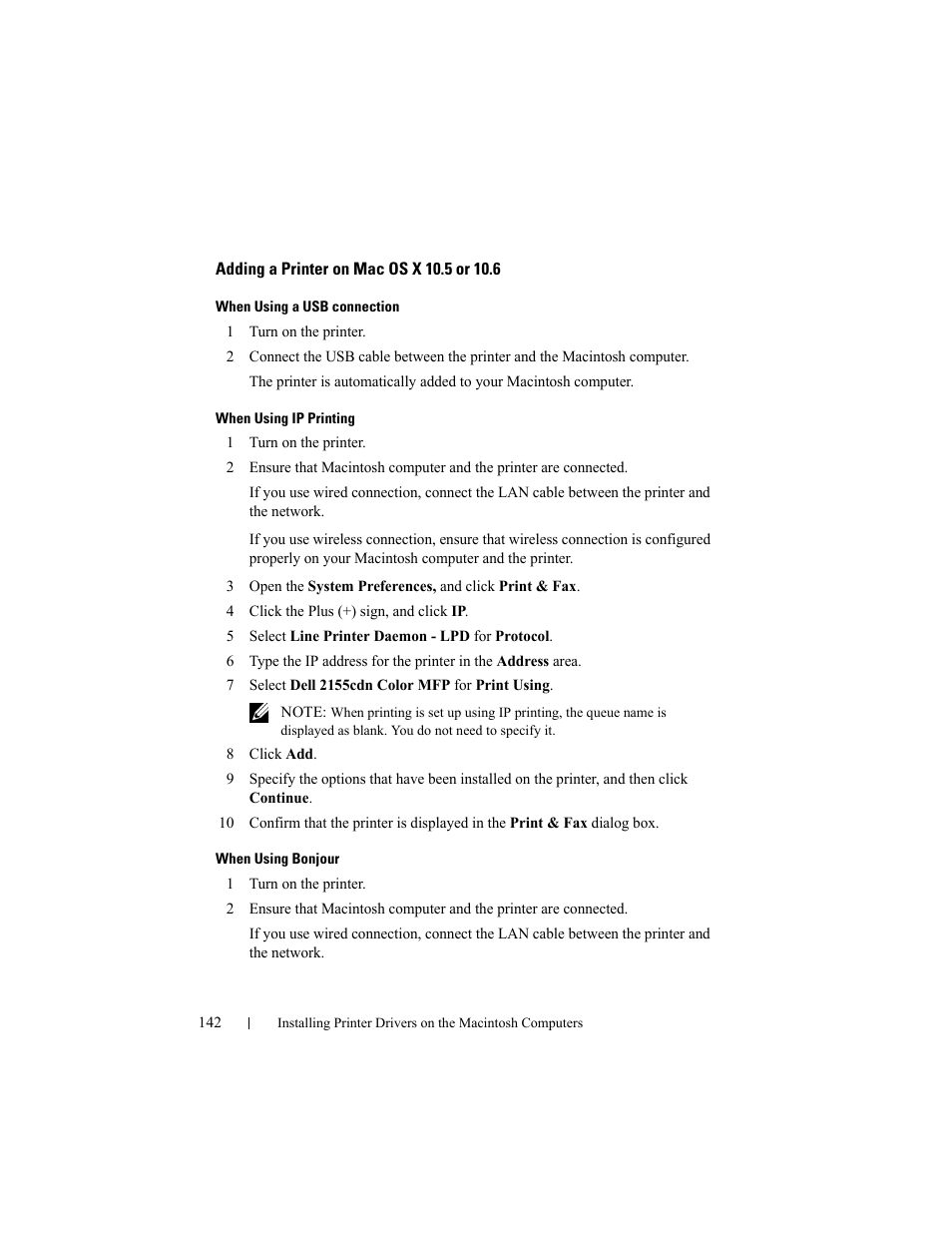 Adding a printer on mac os x 10.5 or 10.6 | Dell 2155cn/cdn Color Laser Printer User Manual | Page 144 / 761