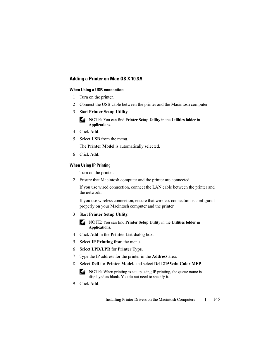 Adding a printer on mac os x 10.3.9 | Dell 2155cn/cdn Color Laser Printer User Manual | Page 147 / 761