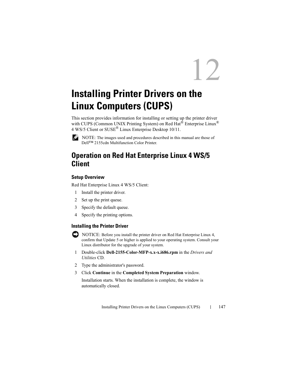 Setup overview, Installing the printer driver, Installing printer drivers on the linux computers | Cups) | Dell 2155cn/cdn Color Laser Printer User Manual | Page 149 / 761