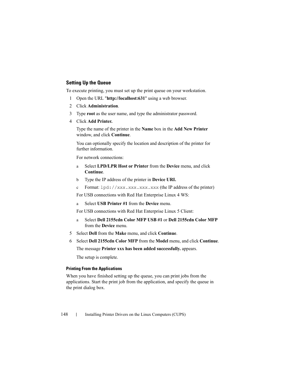 Setting up the queue | Dell 2155cn/cdn Color Laser Printer User Manual | Page 150 / 761