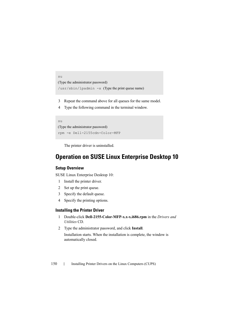 Operation on suse linux enterprise desktop 10, Setup overview, Installing the printer driver | Dell 2155cn/cdn Color Laser Printer User Manual | Page 152 / 761