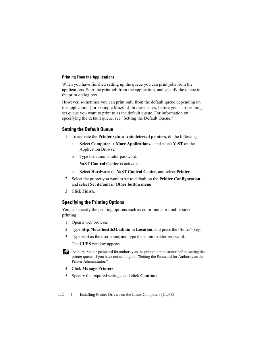 Setting the default queue, Specifying the printing options | Dell 2155cn/cdn Color Laser Printer User Manual | Page 154 / 761