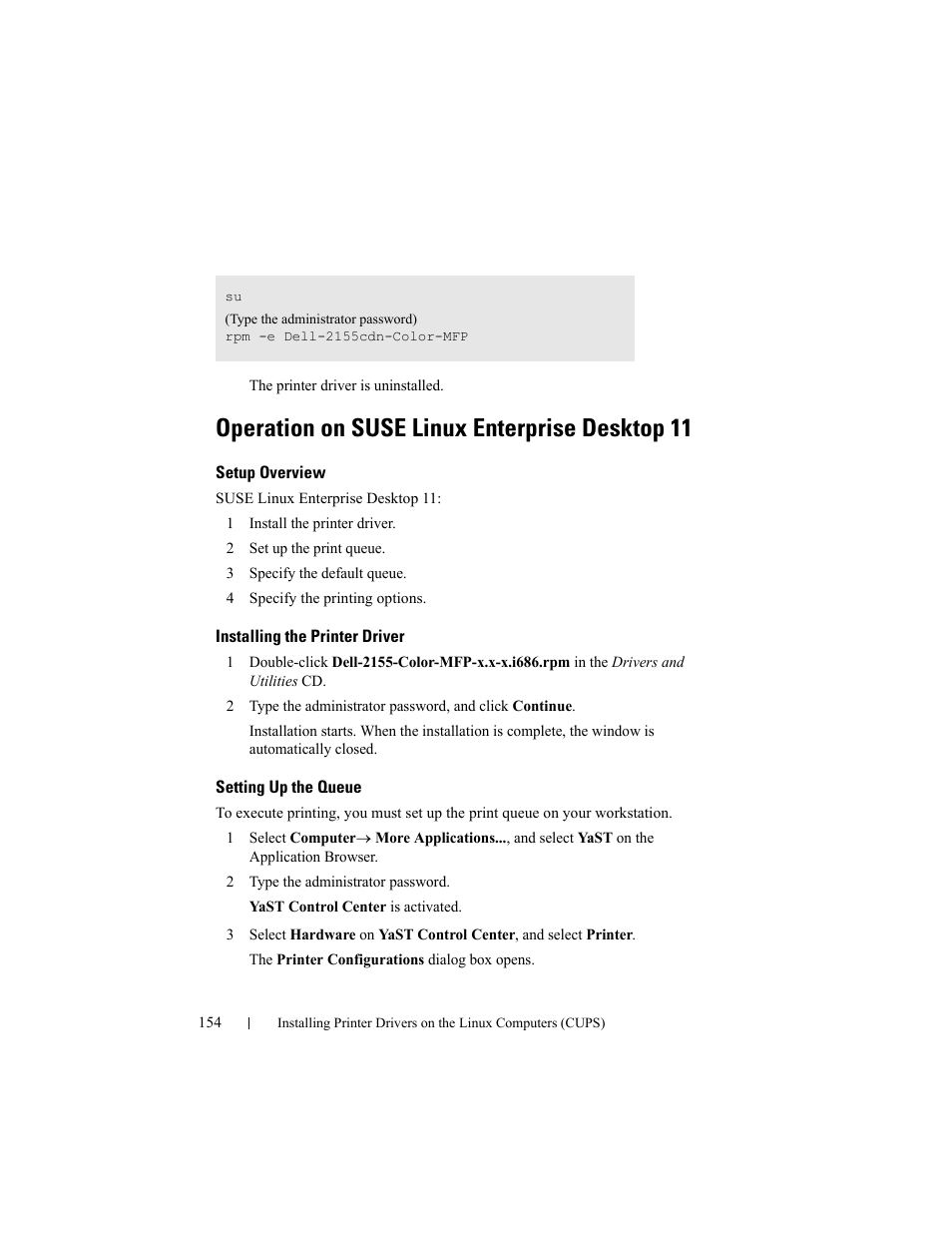 Operation on suse linux enterprise desktop 11, Setup overview, Installing the printer driver | Setting up the queue | Dell 2155cn/cdn Color Laser Printer User Manual | Page 156 / 761