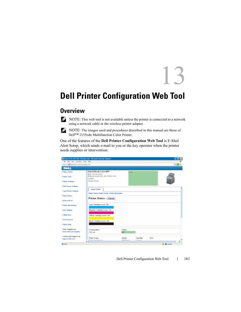 Dell printer configuration web tool, Overview | Dell 2155cn/cdn Color Laser Printer User Manual | Page 163 / 761