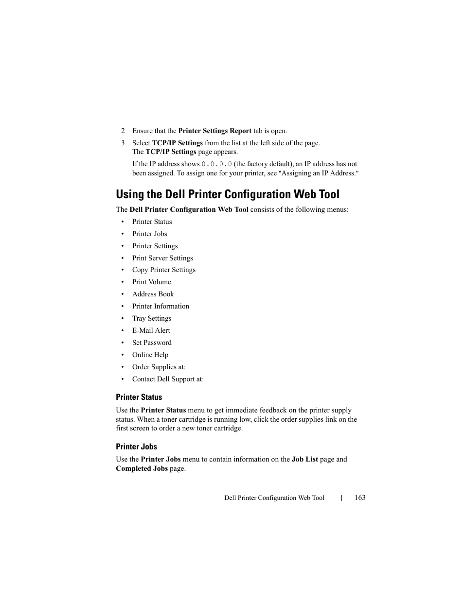 Using the dell printer configuration web tool, Printer status, Printer jobs | Dell 2155cn/cdn Color Laser Printer User Manual | Page 165 / 761