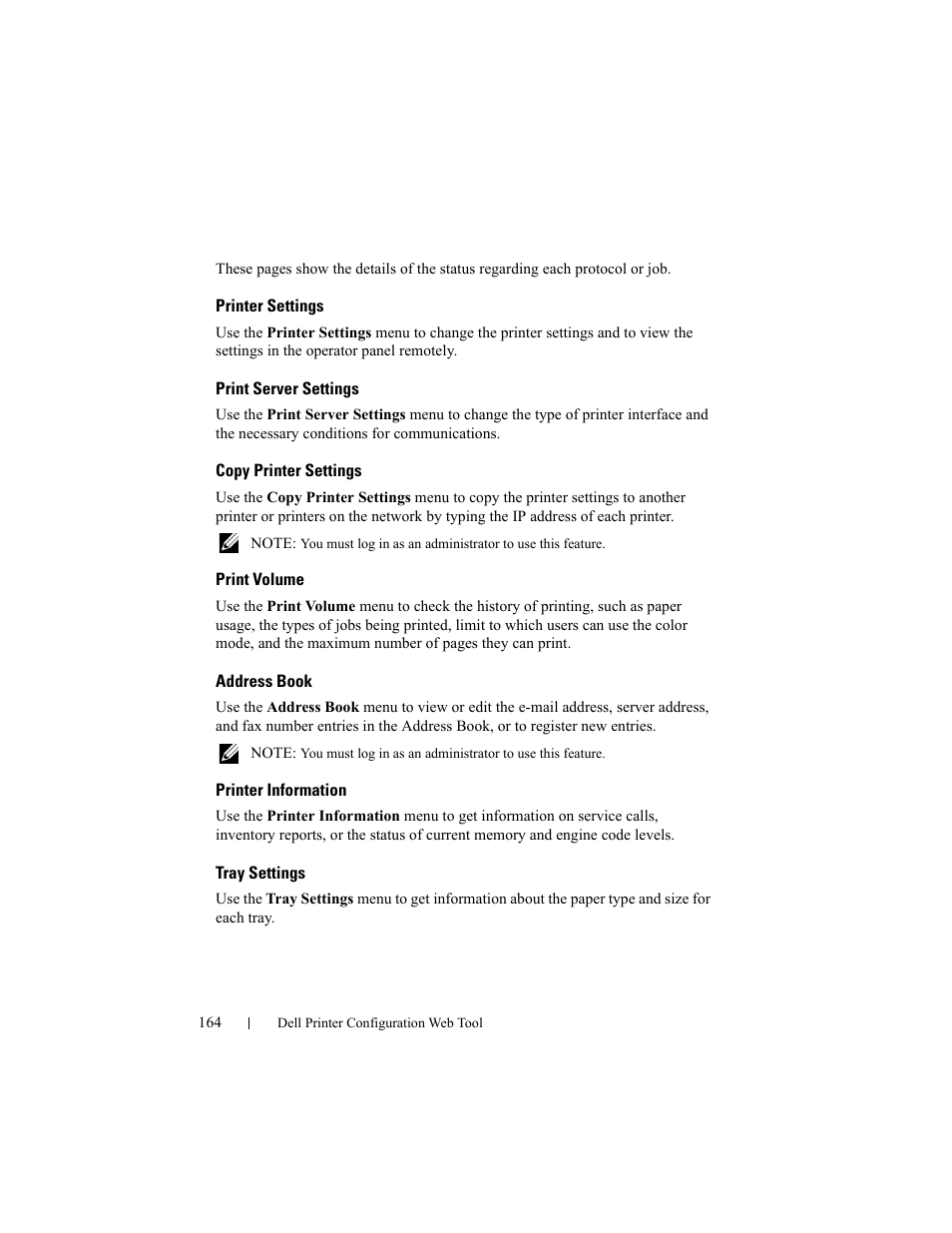 Printer settings, Print server settings, Copy printer settings | Print volume, Address book, Printer information, Tray settings | Dell 2155cn/cdn Color Laser Printer User Manual | Page 166 / 761