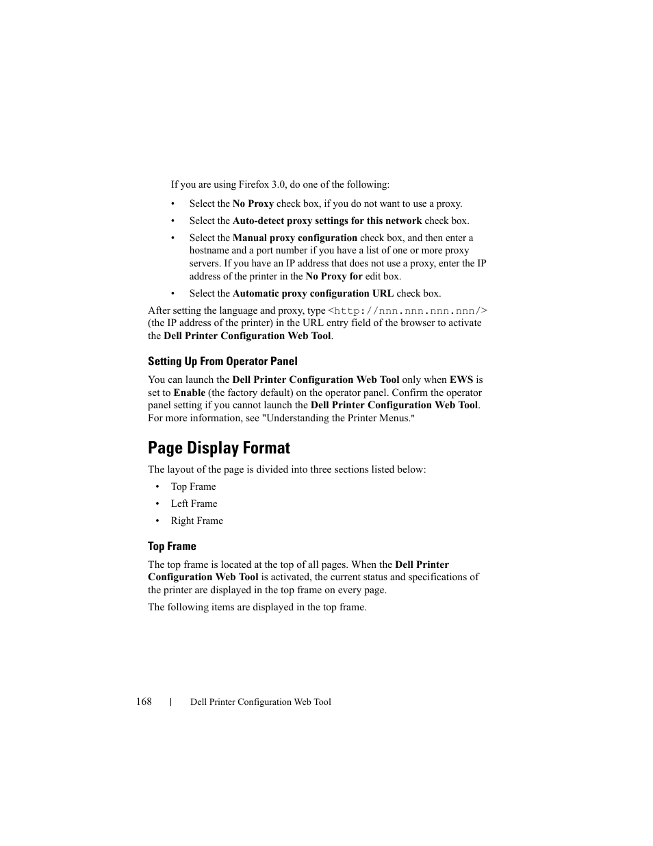 Setting up from operator panel, Top frame, Page display format | Dell 2155cn/cdn Color Laser Printer User Manual | Page 170 / 761