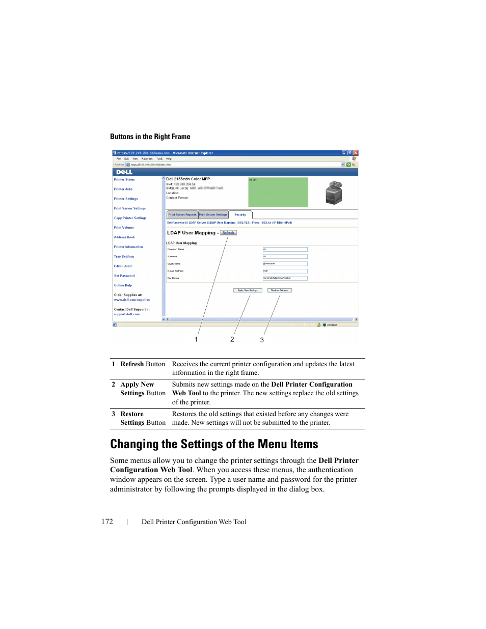 Changing the settings of the menu items | Dell 2155cn/cdn Color Laser Printer User Manual | Page 174 / 761