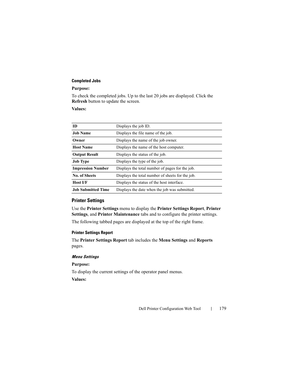 Printer settings, Completed jobs, Printer settings report" "menu settings | Dell 2155cn/cdn Color Laser Printer User Manual | Page 181 / 761