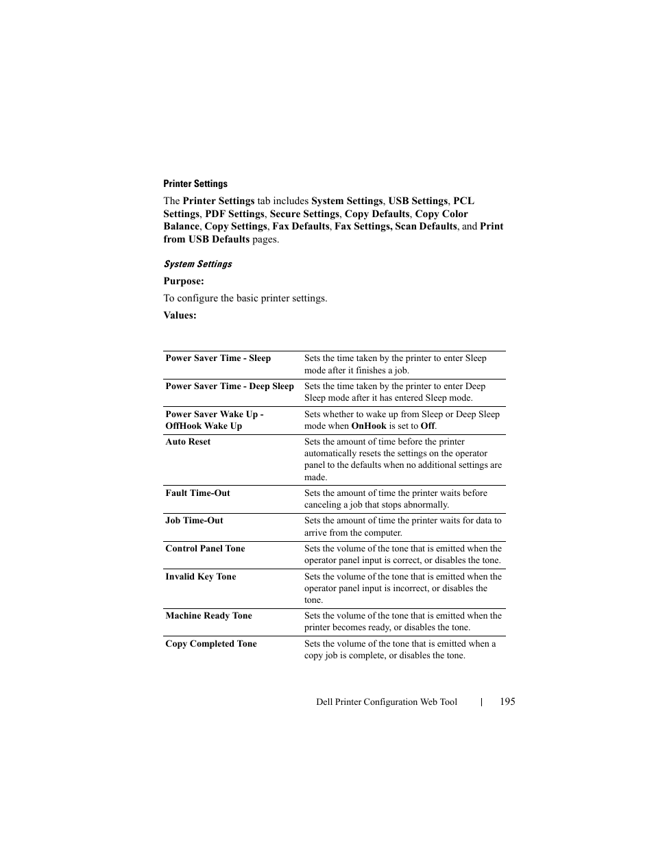 Printer settings, System settings | Dell 2155cn/cdn Color Laser Printer User Manual | Page 197 / 761