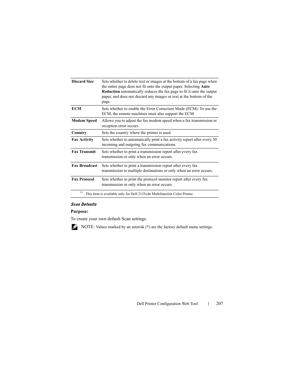 Scan defaults | Dell 2155cn/cdn Color Laser Printer User Manual | Page 209 / 761