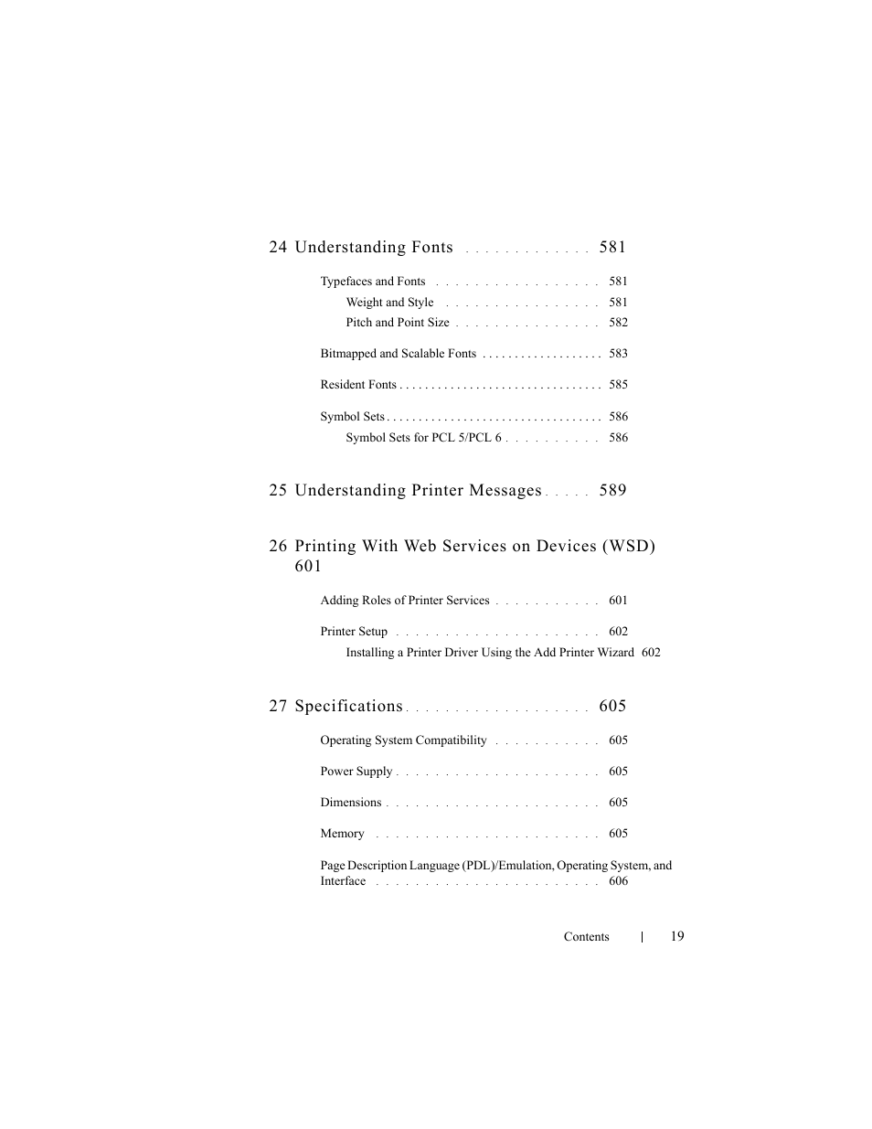 24 understanding fonts, 25 understanding printer messages, 27 specifications | Dell 2155cn/cdn Color Laser Printer User Manual | Page 21 / 761