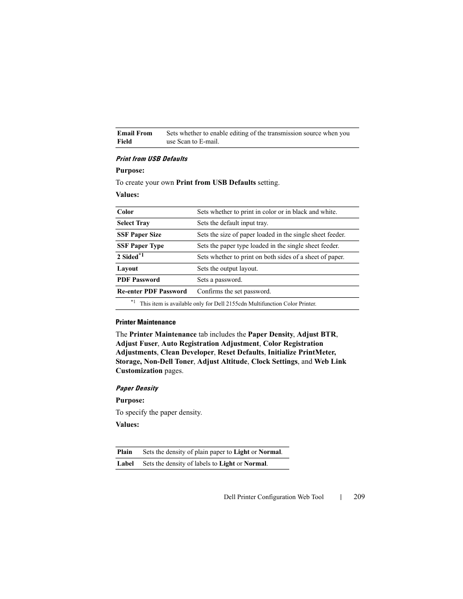 Print from usb defaults, Printer maintenance, Paper density | Dell 2155cn/cdn Color Laser Printer User Manual | Page 211 / 761