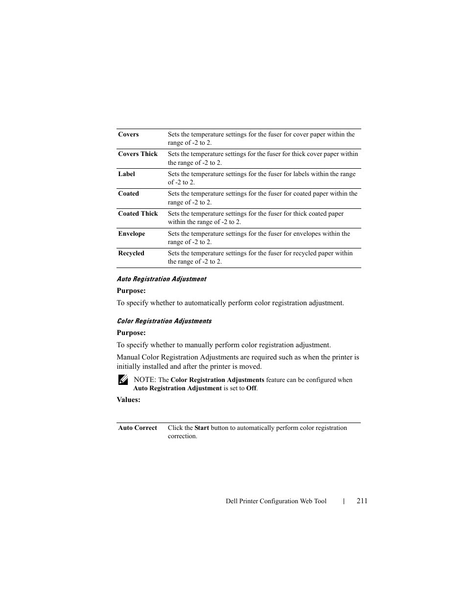 Auto registration adjustment, Color registration adjustments | Dell 2155cn/cdn Color Laser Printer User Manual | Page 213 / 761