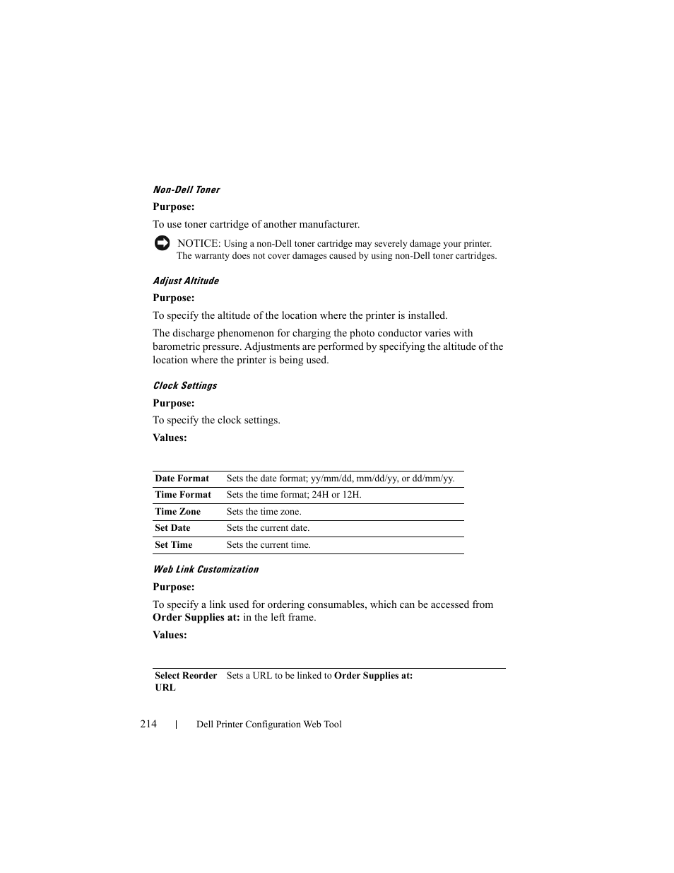 Non-dell toner, Adjust altitude, Clock settings | Web link customization | Dell 2155cn/cdn Color Laser Printer User Manual | Page 216 / 761