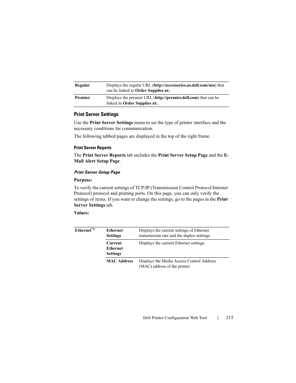 Print server settings, Print server reports | Dell 2155cn/cdn Color Laser Printer User Manual | Page 217 / 761