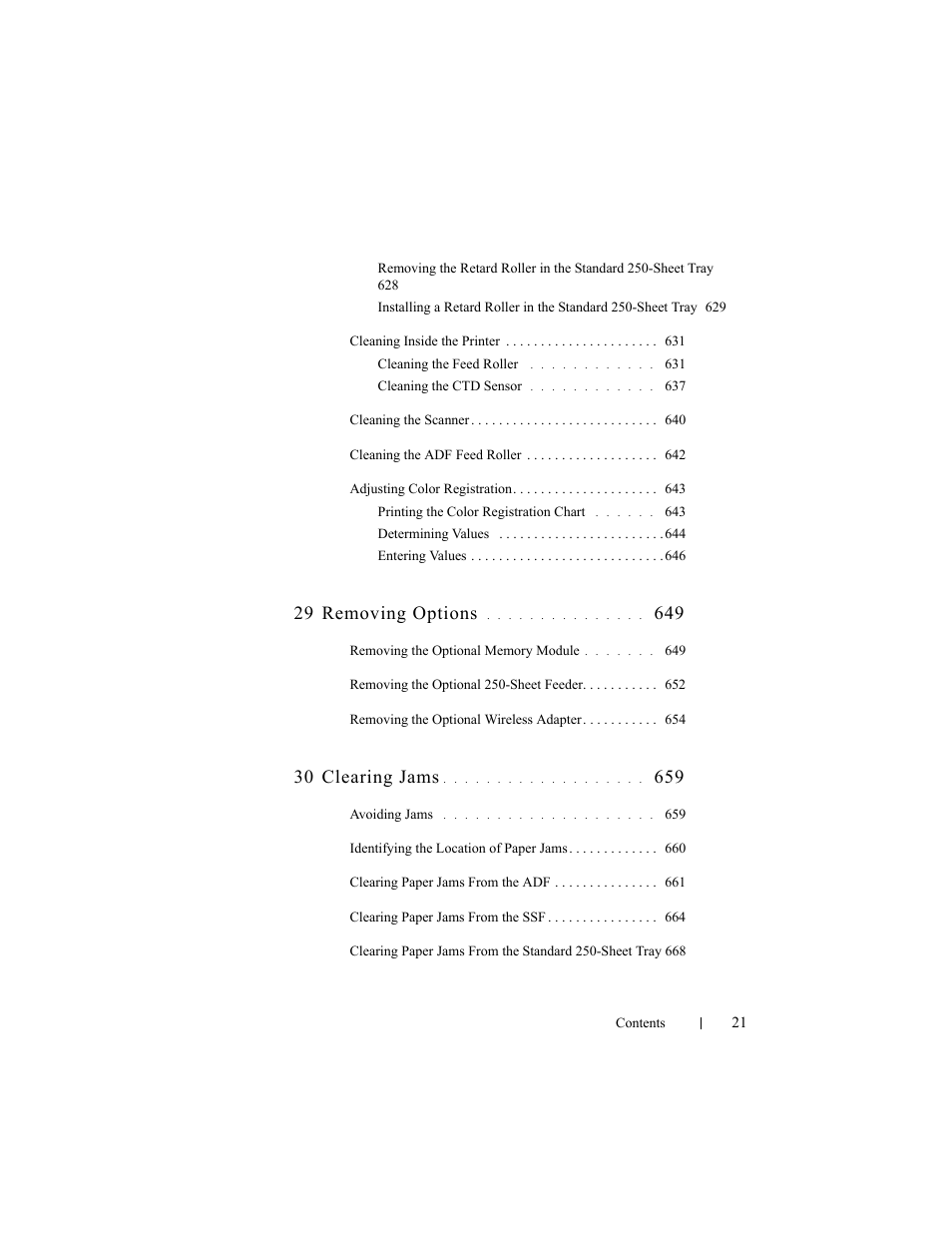 29 removing options, 30 clearing jams | Dell 2155cn/cdn Color Laser Printer User Manual | Page 23 / 761