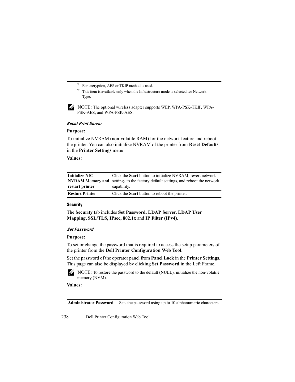 Ee "set password, Reset print server, Security | Set password | Dell 2155cn/cdn Color Laser Printer User Manual | Page 240 / 761