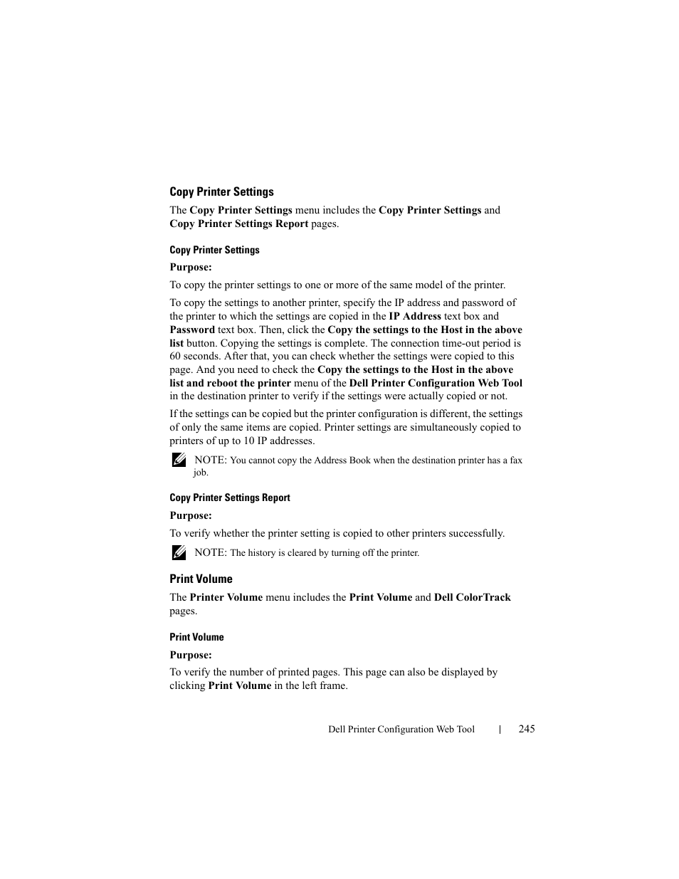 Copy printer settings, Print volume, Copy printer settings print volume | Copy printer settings report | Dell 2155cn/cdn Color Laser Printer User Manual | Page 247 / 761