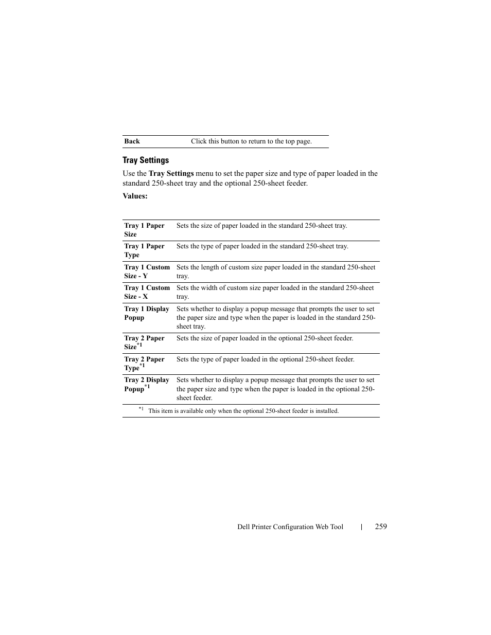 Tray settings | Dell 2155cn/cdn Color Laser Printer User Manual | Page 261 / 761
