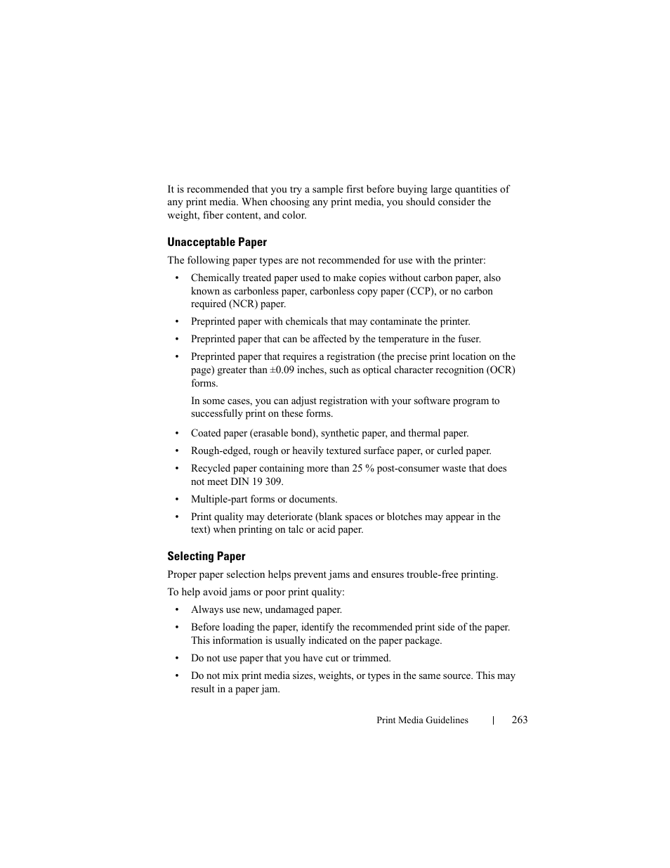 Unacceptable paper, Selecting paper | Dell 2155cn/cdn Color Laser Printer User Manual | Page 265 / 761