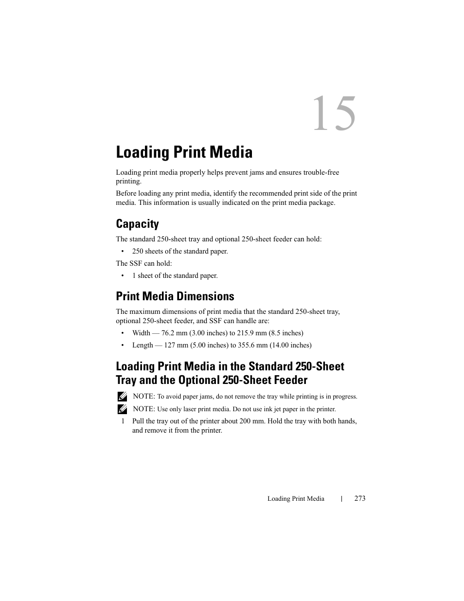 Loading print media, Capacity, Print media dimensions | Dell 2155cn/cdn Color Laser Printer User Manual | Page 275 / 761