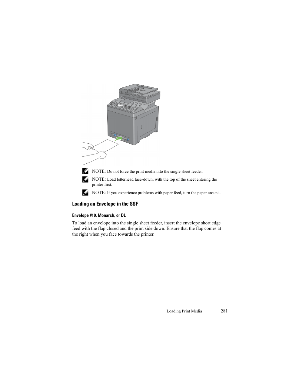 Loading an envelope in the ssf | Dell 2155cn/cdn Color Laser Printer User Manual | Page 283 / 761