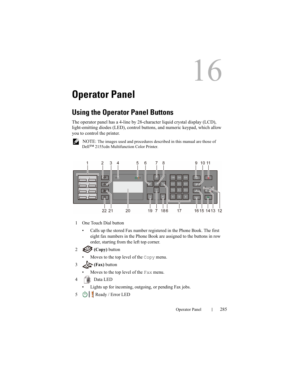 Operator panel, Using the operator panel buttons | Dell 2155cn/cdn Color Laser Printer User Manual | Page 287 / 761